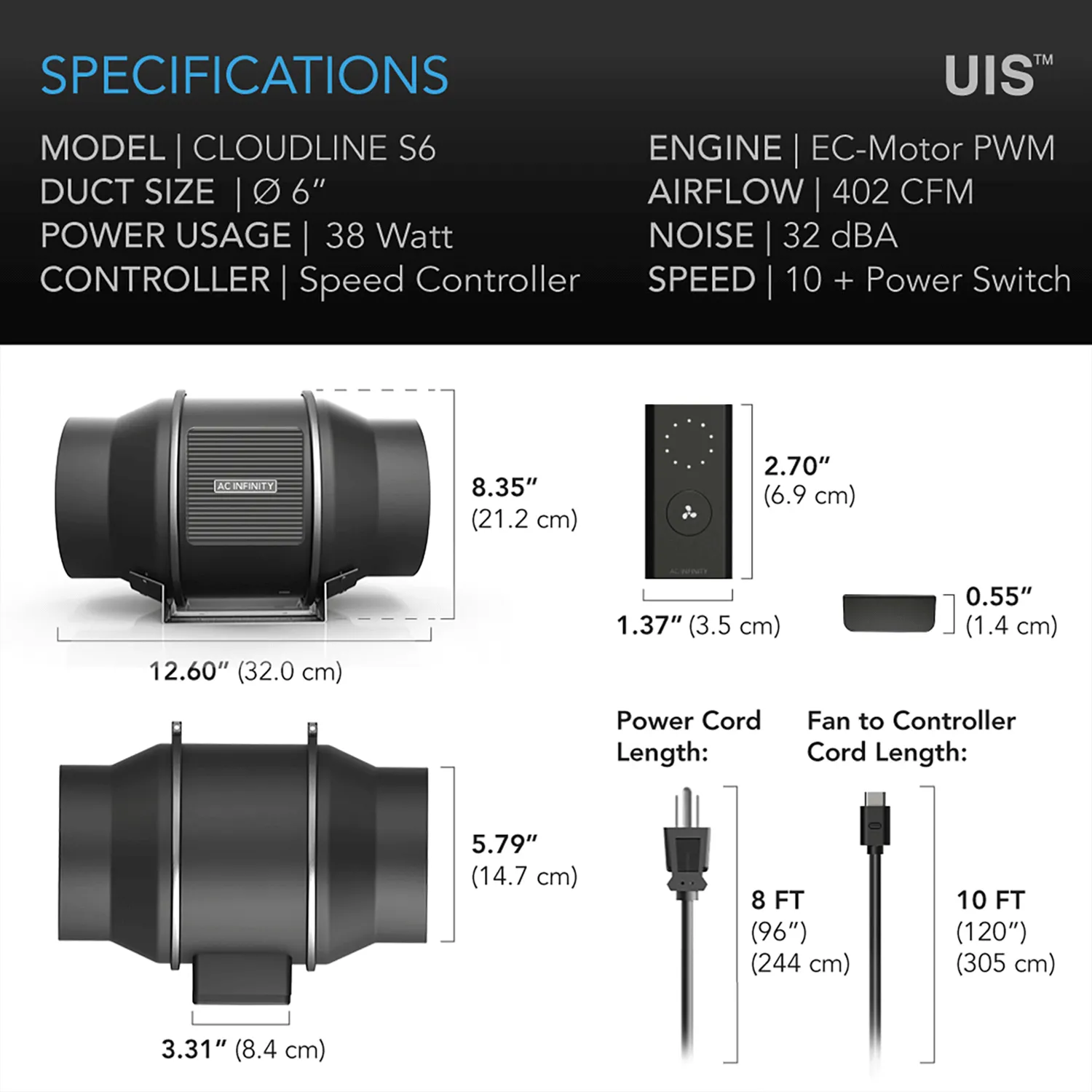 AC Infinity CLOUDLINE S6, Quiet Inline Duct Fan System with Speed Controller, 6-Inch