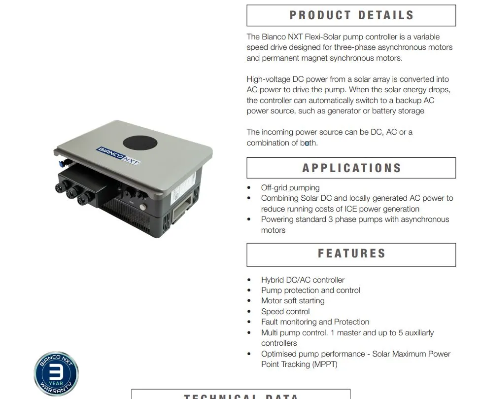 Bianco NXT FlexiSolar-22 2.2kW Variable Speed Drive Controller with Hybrid AC/DC Convertor