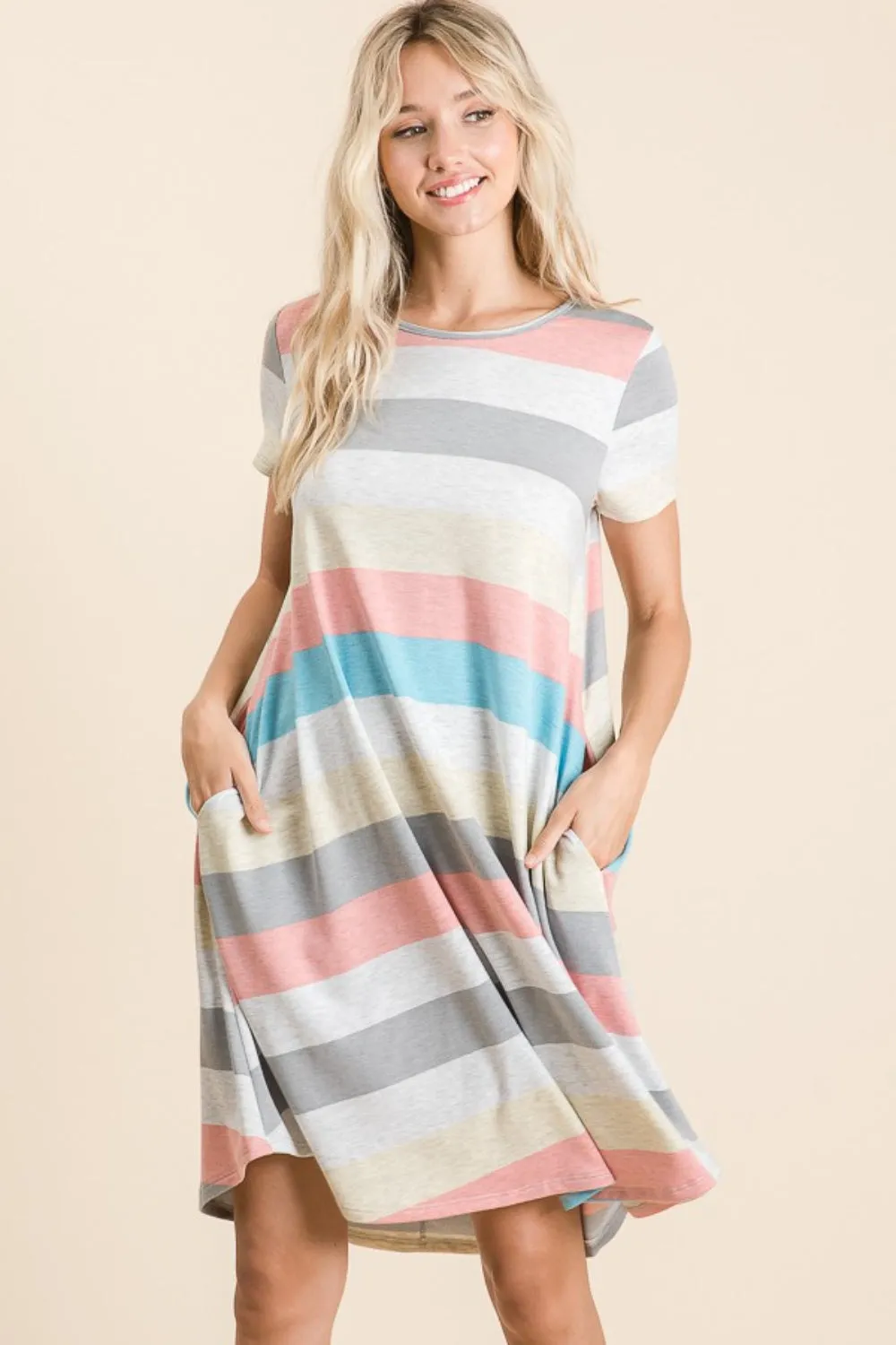 BOMBOM Striped Short Sleeve Dress with Pockets