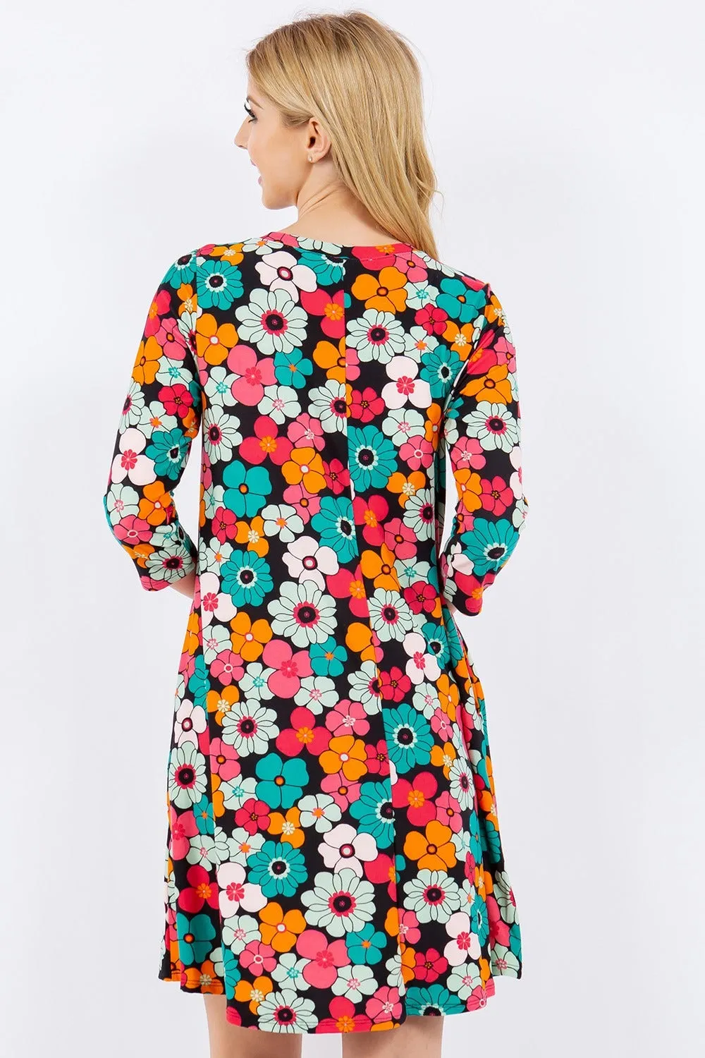 Celeste Full Size Floral Three-Quarter Sleeve Dress with Pockets