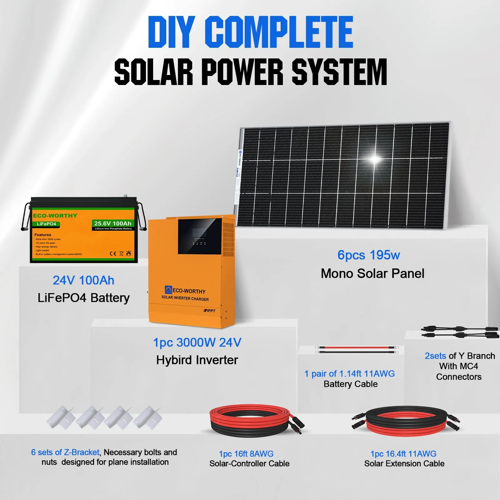 ECO-WORTHY 4.8KWH Solar Power Complete Kit 1200W 24V with Lithium Battery and Inverter for Home: 6pcs 195W Solar Panel   1pc 25.6V 100Ah Li-Battery   3000W MPPT Hybrid Charger Inverter