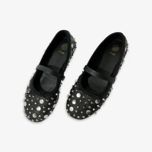 Faby leather ballerinas with Maje studs, color noir / gris