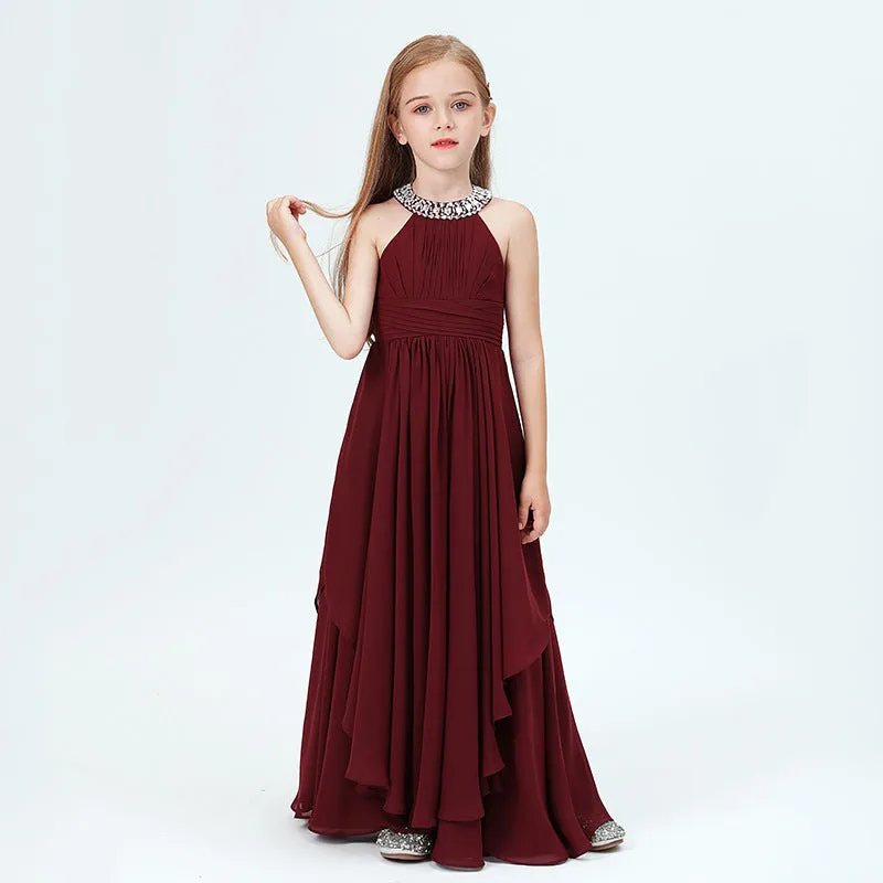 Girls halter neck long dress piano playing host wedding flower girl elegant evening dress