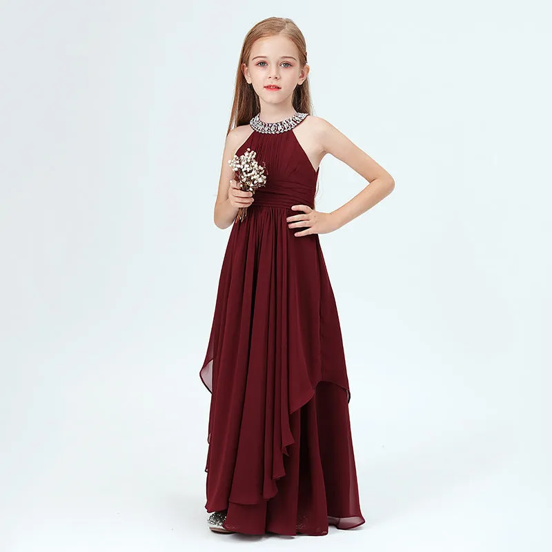 Girls halter neck long dress piano playing host wedding flower girl elegant evening dress