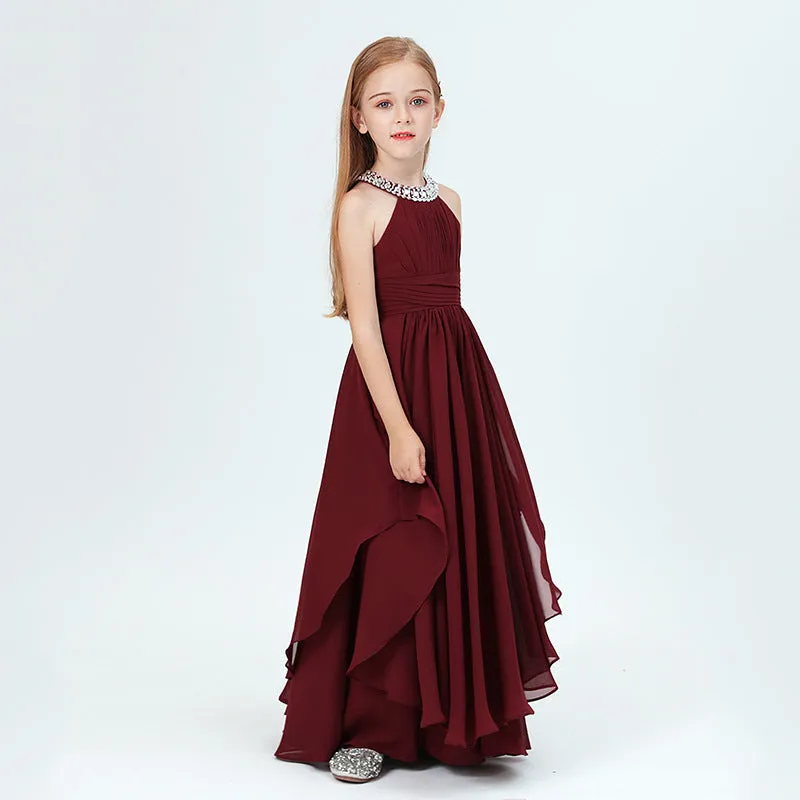 Girls halter neck long dress piano playing host wedding flower girl elegant evening dress