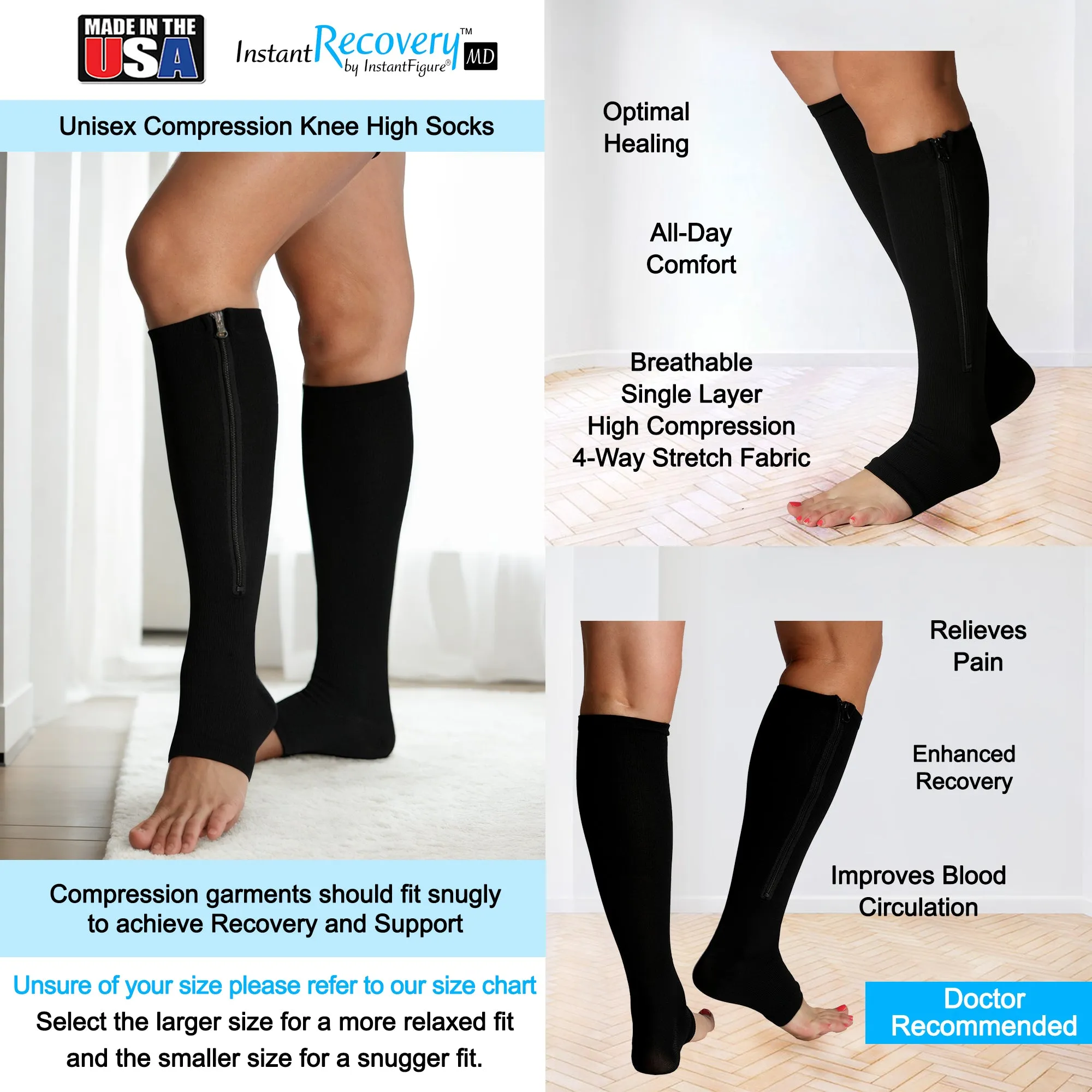 InstantRecoveryMD Unisex Compression Knee High Open Toe Socks MD402