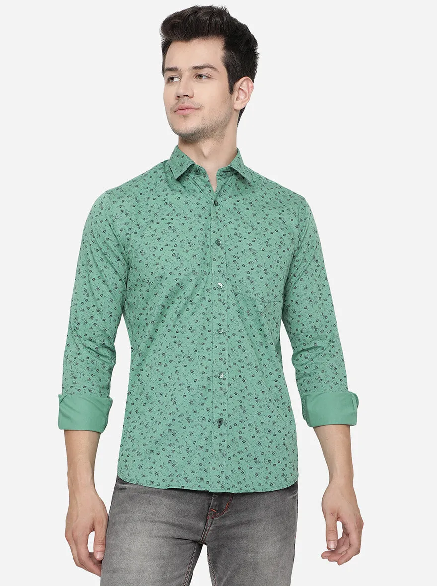 Pine Green Printed Slim Fit Casual Shirt | Greenfibre