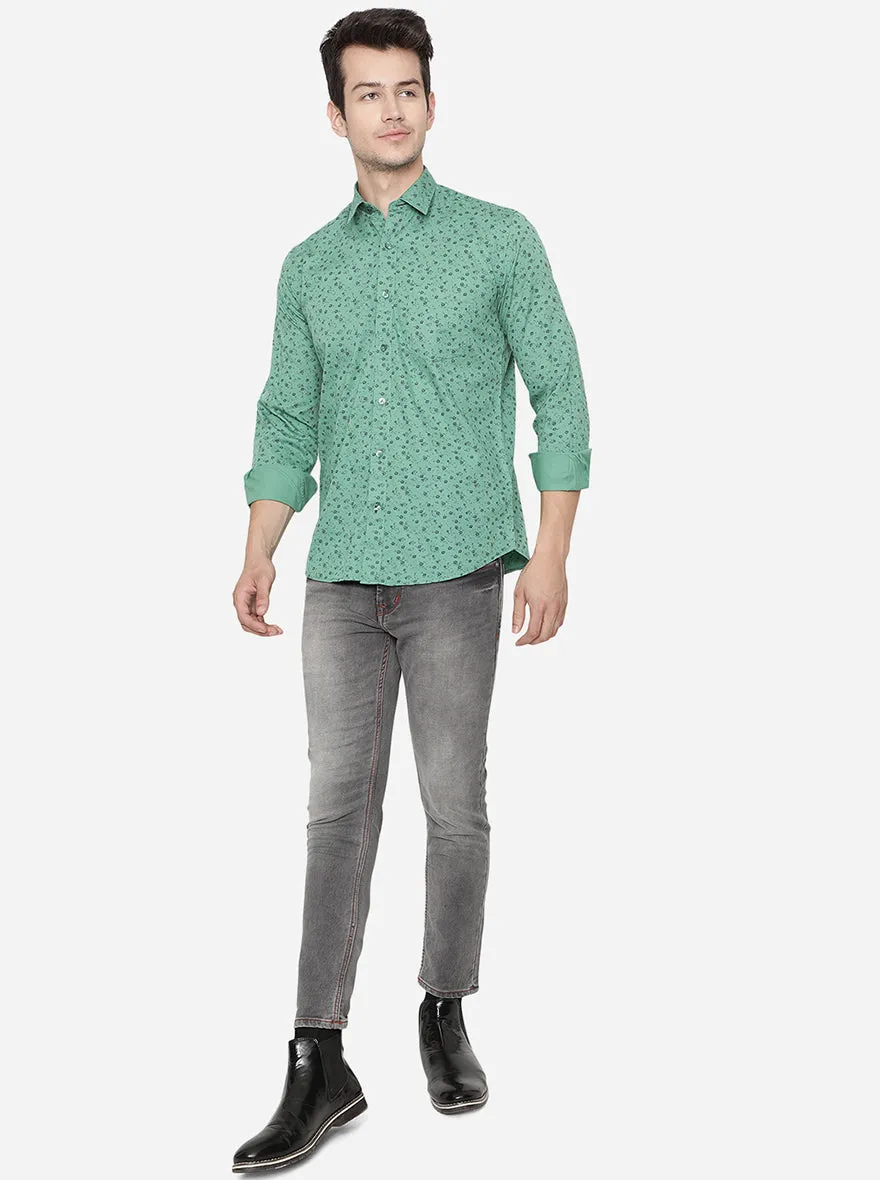 Pine Green Printed Slim Fit Casual Shirt | Greenfibre