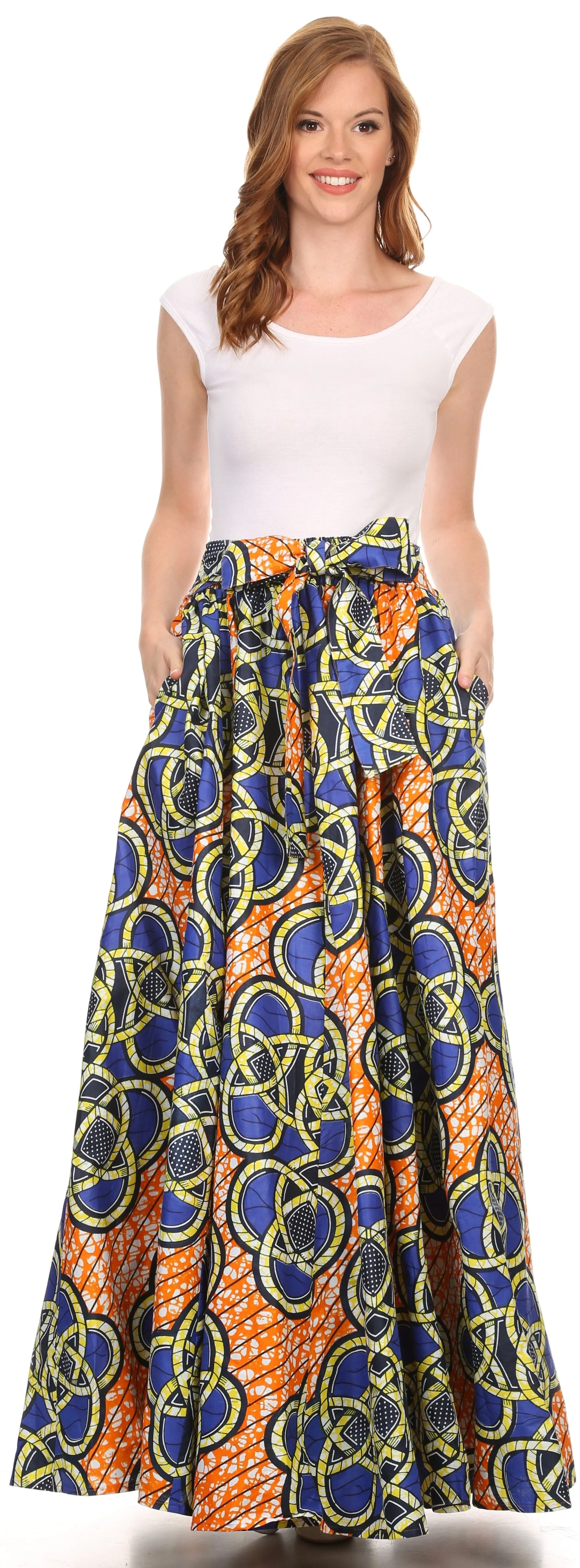 Sakkas Kelela Unique Designs Wax Print Adjustable Waist Long Tall Skirt