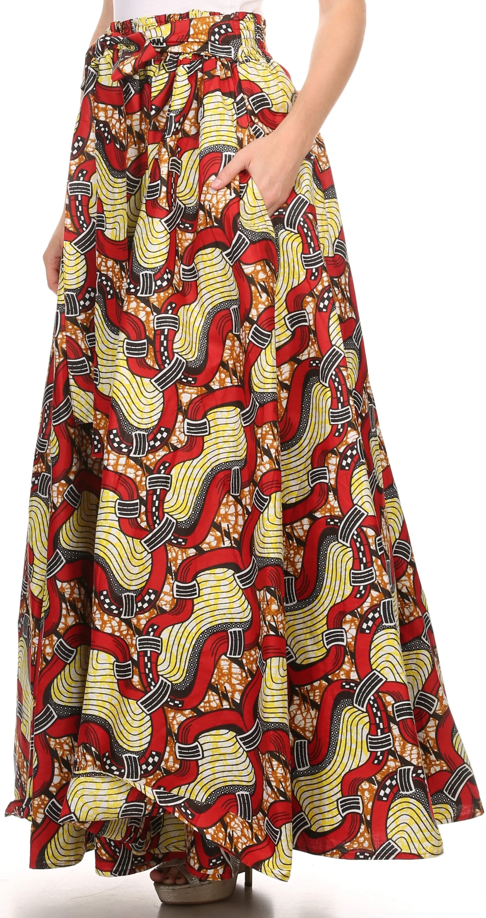 Sakkas Kelela Unique Designs Wax Print Adjustable Waist Long Tall Skirt