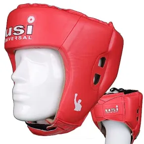 USI UNIVERSAL THE UNBEATABLE Boxing Headguard, 615DP Lite Contest Headguard, Hide Leather, Multiple Layers of Padding for Greater Shock Absorbing Adjustable Web Closure & Strap (RED)