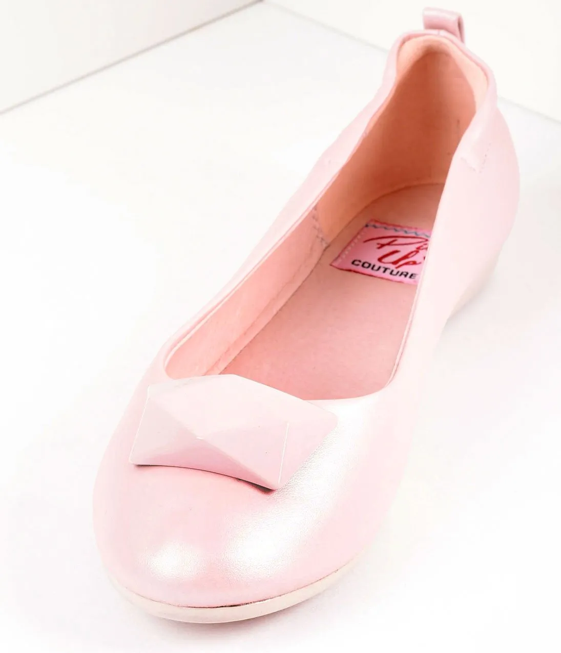 Vintage Style Baby Pink Leatherette & Geometric Gem Ballet Flats